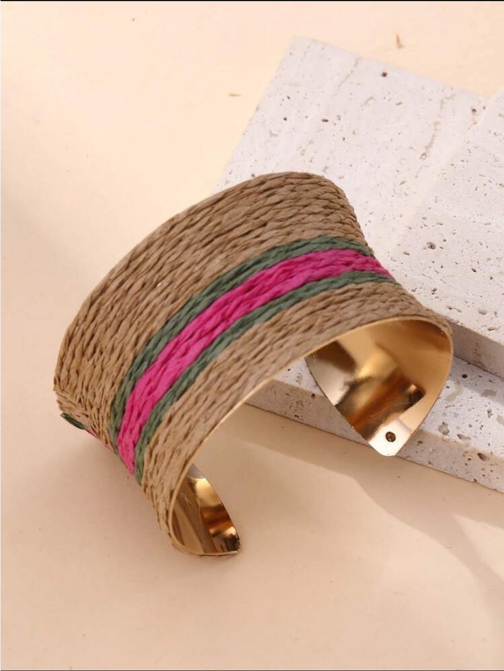 Handwoven Natural Fiber Cuff Bracelet with Pink & Green Accents